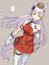 Rule 34 | 1girl, animal ears, bow, bowtie, brown eyes, buttons, closed mouth, commentary, double-breasted, dress, dutch angle, gloves, gold ship (umamusume), grey background, grey hair, haimura kiyotaka, hair bow, hand up, highres, horse ears, horse girl, horse tail, long hair, looking at viewer, pantyhose, pillbox hat, purple bow, red bow, red bowtie, red dress, simple background, smile, solo, symbol-only commentary, tail, thigh strap, umamusume, white gloves, white pantyhose