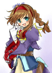 Rule 34 | 1girl, blouse, brown hair, commentary request, gloves, hairband, hekikuu (kanaderuyume), long hair, purple skirt, red hairband, shirt, skirt, solo, virginia maxwell, white background, white gloves, white shirt, wild arms, wild arms 3