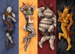Rule 34 | 4boys, arm up, armor, armored boots, arms up, boots, breastplate, brown footwear, brown gloves, brown pants, chain, chainmail, commentary, dakimakura (medium), dark souls (series), dark souls i, elzarth, english commentary, full armor, full body, gauntlets, gloves, gold armor, helm, helmet, holding, holding sword, holding weapon, knight, knight lautrec of carim, knight of astora oscar, looking at viewer, male focus, multiple boys, pants, pauldrons, shoulder armor, siegmeyer of catarina, solaire of astora, sun print, sword, tabard, weapon