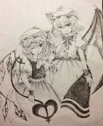 Rule 34 | 2girls, ascot, bat wings, bow, bowtie, chiroru (ranocchio), closed mouth, cowboy shot, crystal, flandre scarlet, frilled shirt, frilled shirt collar, frilled sleeves, frills, greyscale, hair between eyes, hat, hat ribbon, highres, holding, holding polearm, holding weapon, laevatein (touhou), light smile, looking at viewer, mob cap, monochrome, multiple girls, one eye closed, one side up, polearm, puffy short sleeves, puffy sleeves, remilia scarlet, ribbon, shirt, short sleeves, skirt, touhou, traditional media, vest, weapon, wings, wrist cuffs