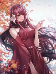 Rule 34 | 1girl, au ra, autumn leaves, warrior of light (ff14), bare shoulders, bracelet, closed mouth, clothing cutout, commentary request, commission, dress, falling leaves, final fantasy, final fantasy xiv, hand up, highres, horns, jewelry, leaf, long hair, looking at viewer, nail polish, outdoors, red dress, red eyes, red hair, red nails, shoulder cutout, skeb commission, smile, solo, upper body, yuli (yulipo)