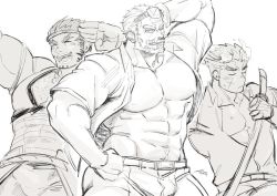Rule 34 | &gt; &lt;, 3boys, :d, abs, bara, bare pectorals, beard, blush, bulge, chest hair, facial hair, facial scar, fiery horns, forked eyebrows, happi, harada (basashi), hogen (housamo), horns, japanese clothes, large pectorals, long sideburns, male focus, mature male, midriff, multiple boys, muscular, muscular male, mustache, navel, nipples, old, old man, open clothes, open mouth, open shirt, partially unbuttoned, pectoral cleavage, pectorals, sakimori toji, salute, scar, scar on cheek, scar on face, short hair, sideburns, sketch, smile, stomach, tajikarao (housamo), tokyo houkago summoners