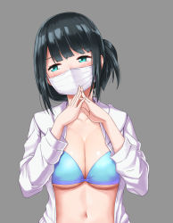 Rule 34 | 1girl, aqua eyes, bikini, bikini under clothes, black hair, blue bikini, blunt bangs, blush, breasts, cleavage, collarbone, grey background, gridman universe, hassu, hood, hood down, hooded jacket, jacket, large breasts, long sleeves, looking away, looking to the side, mask, mouth mask, navel, open clothes, open jacket, own hands together, short hair, short ponytail, smile, solo, ssss.gridman, stomach, surgical mask, swimsuit, underboob, upper body, white jacket, zaxwu