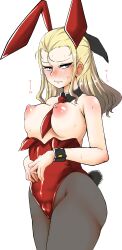 Rule 34 | 1girl, ass, assam (girls und panzer), blonde hair, blue eyes, blush, breasts, girls und panzer, kami ryuoo, large breasts, leotard, leotard pull, looking at another, nipples, pantyhose, playboy bunny, rabbit ears, solo, sweat