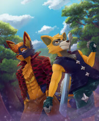Rule 34 | 2boys, absurdres, fighting stance, forest, fox boy, from below, furry, furry male, gloves, highres, jacket, multiple boys, nature, non-web source, orange fur, sky, sparkitty, sword, weapon