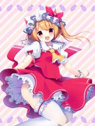 Rule 34 | 1girl, animal ears, animal hat, ascot, blonde hair, bow, cat ears, cat hat, fang, flandre scarlet, hat, hat bow, highres, long hair, looking at viewer, miiiiiiii, open mouth, puffy sleeves, red eyes, short sleeves, side ponytail, smile, solo, striped, striped background, thighhighs, touhou, white thighhighs, wrist cuffs