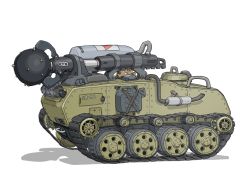 Rule 34 | armored vehicle, belt, caterpillar tracks, chain, commentary request, drone, exhaust pipe, gatling santouhei, gears, highres, jerry can, mace, no humans, original, shadow, simple background, unmanned ground vehicle, vehicle focus, weapon, white background