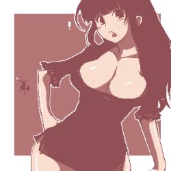Rule 34 | artist request, blunt bangs, breasts, brown theme, character request, cleavage, hand on own hip, holding, holding clothes, holding underwear, huge breasts, jaggy lines, large breasts, lowres, monochrome, oekaki, outside border, panties, simple background, underwear, unworn panties, wide hips