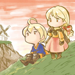 Rule 34 | 1boy, 1girl, ahoge, alma beoulve, ayayan, blonde hair, boots, bow, brown eyes, brown footwear, building, cape, chibi, field, final fantasy, final fantasy tactics, full body, gloves, grass, hair bow, knee boots, long hair, long sleeves, looking afar, orange sky, outdoors, pink skirt, plant, ramza beoulve, red bow, short hair, skirt, sky, standing, very long hair, windmill