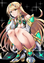 Rule 34 | 1girl, bare shoulders, black background, blonde hair, blush, breasts, cleavage, dress, earrings, full body, gem, gloves, head on hand, highres, jewelry, large breasts, long hair, mythra (xenoblade), nintendo, simple background, solo, squatting, swept bangs, thighs, tiara, xenoblade chronicles (series), xenoblade chronicles 2, yellow eyes, yuuuun0218