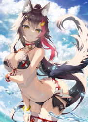 Rule 34 | 1girl, :3, animal ear fluff, animal ears, bell, bikini, black bikini, black hair, blue sky, breasts, cloud, cloudy sky, commentary, cowboy shot, day, front-tie bikini top, front-tie top, hair ornament, hand on own thigh, hololive, kubota masaki, large breasts, leaning forward, long hair, looking at viewer, multicolored hair, navel, neck bell, ookami mio, paw print, ponytail, red hair, side-tie bikini bottom, sidelocks, skindentation, sky, solo, standing, streaked hair, swimsuit, tail, thighhighs, very long hair, virtual youtuber, wolf ears, wolf girl, wolf tail, wristband, yellow eyes