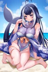 Rule 34 | 1girl, absurdres, ahoge, animal ears, bare hips, bare shoulders, barefoot, beach, belt collar, black hair, blue collar, body markings, breasts, cetacean tail, chest tattoo, cleavage, closed mouth, collar, covered collarbone, covered navel, day, facial tattoo, feet, fins, fish tail, floppy ears, heart, heart ahoge, highleg, highleg swimsuit, highres, impossible clothes, impossible swimsuit, indie virtual youtuber, large breasts, leg tattoo, legs, long hair, looking at viewer, multicolored hair, nail polish, off shoulder, one-piece swimsuit, orca girl, outdoors, purple eyes, see-through, see-through cleavage, see-through swimsuit, shylily, shylily (3rd costume), sidelocks, sitting, skindentation, smile, solo, spread toes, streaked hair, swimsuit, tail, tattoo, thighs, toenails, toes, virtual youtuber, yuniiho