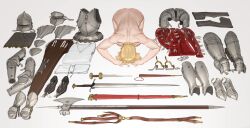 Rule 34 | 1girl, absurdres, armor, armored boots, blonde hair, boots, bowing, breastplate, chainmail, chausses, clothes on floor, clothing request, completely nude, dagger, dogeza, equipment layout, faulds, folded clothes, gauntlets, highres, kneeling, knife, knight, naked dogeza, nude, on floor, original, pauldrons, polearm, prostration, sheath, shoulder armor, solo, sword, unworn boots, unworn clothes, vambraces, wass nonnam, weapon