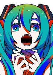 Rule 34 | 1girl, aqua eyes, aqua nails, bright pupils, hair between eyes, hair ornament, halftone, hatsune miku, highres, long bangs, long hair, looking at viewer, machigami yoh, nail polish, open mouth, own hands together, portrait, screaming, simple background, solo, straight-on, teeth, twintails, vocaloid, white background, white pupils