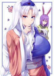 Rule 34 | 2girls, adapted costume, animal ears, blue eyes, blue headwear, blue kimono, braid, breasts, hat, highres, huge breasts, japanese clothes, kimono, long hair, looking at viewer, mirufui, multiple girls, nurse cap, purple hair, rabbit ears, red eyes, red kimono, reisen udongein inaba, simple background, solo focus, touhou, two-tone kimono, upper body, very long hair, white background, white hair, yagokoro eirin