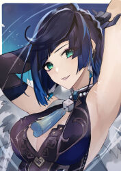 Rule 34 | 1girl, armpits, arms up, bare shoulders, black gloves, black hair, blue dress, blue hair, blush, bob cut, breasts, cleavage, cleavage cutout, clothing cutout, diagonal bangs, dice, dress, earrings, elbow gloves, fur-trimmed jacket, fur trim, genshin impact, gloves, green eyes, highres, jacket, jacket on shoulders, jewelry, large breasts, looking at viewer, mole, mole on breast, multicolored hair, neck ring, purin uni, short hair, smile, solo, tassel, two-tone hair, white jacket, yelan (genshin impact)