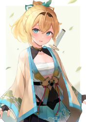 Rule 34 | 1girl, absurdres, black gloves, blonde hair, blue eyes, blue skirt, blush, breasts, chest sarashi, commentary request, cowboy shot, fingerless gloves, gloves, hair between eyes, hair ribbon, haori, highres, hololive, japanese clothes, kazama iroha, leaf, leotard, leotard under clothes, long sleeves, looking at viewer, parted lips, pleated skirt, print skirt, ribbon, sarashi, short hair, simple background, skirt, smile, solo, standing, sword, virtual youtuber, weapon, weapon on back, wide sleeves, yudetama