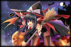 Rule 34 | 1girl, animal ears, bat (animal), bat (animal), black hair, broom, brown thighhighs, cape, cat ears, creayus, detached sleeves, halloween, hat, jack-o&#039;-lantern, leaning forward, long hair, moon, necktie, open mouth, original, pumpkin, red eyes, solo, thighhighs, witch, witch hat