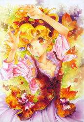 Rule 34 | 1girl, arms up, autumn, autumn leaves, blonde hair, blush, bow, breasts, buttons, cleavage, collarbone, cowboy shot, dress, food-themed clothes, frills, hair bow, head tilt, highres, jacket, juni (sometimes), lace, lace-trimmed dress, lace trim, leaf, long sleeves, looking at viewer, nashi juni, official art, open clothes, open jacket, orange eyes, parted bangs, parted lips, short hair, small breasts, solo, sometimes she&#039;s the light, wavy hair