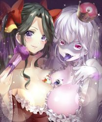 Rule 34 | 2girls, :d, bad id, bad pixiv id, between breasts, black hair, bow, bow (paper mario), breasts, cleavage, collarbone, colored eyelashes, colored skin, colored tongue, dual persona, earrings, elbow gloves, fingernails, folding fan, genderswap, genderswap (mtf), gloves, hair bow, hair intakes, hair ribbon, hand fan, highres, holding, holding fan, jewelry, large breasts, light particles, long hair, looking at viewer, luigi&#039;s mansion, mario (series), multiple girls, nail polish, new super mario bros. u deluxe, nintendo, open mouth, paper mario, paper mario 64, parted lips, personification, pink eyes, princess king boo, puffy short sleeves, puffy sleeves, purple eyes, purple nails, purple tongue, red bow, ribbon, sharp teeth, short sleeves, silver hair, smile, sparkle, super crown, teeth, tongue, tongue out, white gloves, white skin, yache