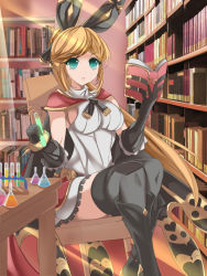 Rule 34 | 10s, 1girl, black gloves, blonde hair, clarisse (granblue fantasy), gloves, granblue fantasy, green eyes, highres, long hair, marionette (excle), ponytail, solo, test tube, thighhighs