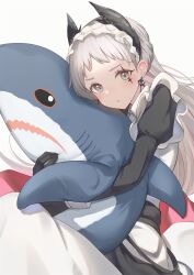 Rule 34 | 1girl, arknights, black dress, black gloves, blue eyes, dress, earrings, frown, gloves, grey hair, head wings, highres, holding, holding stuffed toy, hugging object, ikea shark, irene (arknights), irene (voyage of feathers) (arknights), jewelry, kozeni isari, long hair, long sleeves, looking at viewer, maid, official alternate costume, pillow, pillow hug, pink ribbon, ribbon, scar, scar across eye, simple background, solo, stuffed animal, stuffed rabbit, stuffed shark, stuffed toy, very long hair, white background, wings