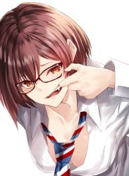 Rule 34 | 1girl, black-framed eyewear, breasts, brown eyes, brown hair, cleavage, collarbone, commentary request, fang, glasses, hair between eyes, leaning forward, long sleeves, looking at viewer, medium breasts, mouth pull, nabeshima tetsuhiro, necktie, open mouth, original, shirt, short hair, simple background, solo, striped necktie, striped neckwear, upper body, white background, white shirt