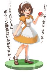 Rule 34 | 1girl, :d, apron, bright pupils, brown eyes, brown footwear, brown hair, collared dress, commentary request, creatures (company), dress, earrings, game freak, hand up, hapchi, holding, holding poke ball, holding tray, jewelry, knees, long hair, maid headdress, nintendo, open mouth, poke ball, poke ball (basic), pokemon, pokemon bw, shoes, short sleeves, simple background, smile, socks, solo, standing, translation request, tray, waitress, waitress (pokemon), white apron, white background, white pupils, white socks