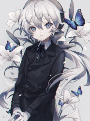 Rule 34 | 1boy, androgynous, black hat, blouse, blue eyes, bug, butterfly, flower, gloves, grey background, grey hair, hat, highres, insect, lily (flower), low ponytail, namiki itsuki, original, pale skin, ponytail, shirt, simple background, white hair, white shirt