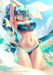 Rule 34 | 1girl, ;d, armpits, arms up, beach, bikini, blue bikini, blue eyes, blue hair, breasts, character name, cian yo, cleavage, cloud, day, groin, kneeling, large breasts, league of legends, long hair, looking at viewer, navel, one eye closed, open mouth, outdoors, sarong, sideboob, sky, smile, solo, sona (league of legends), stomach, swimsuit, towel, twintails, very long hair, watermark, web address