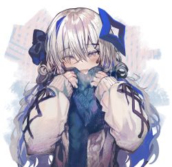 Rule 34 | 1girl, :d, akieda, amane kanata, blue hair, blue scarf, blush, breath, colored inner hair, grey hair, grey sweater, hair between eyes, hair ornament, halo, highres, hololive, long hair, looking at viewer, multicolored hair, open mouth, scarf, smile, solo, star halo, sweater, upper body, virtual youtuber, x hair ornament