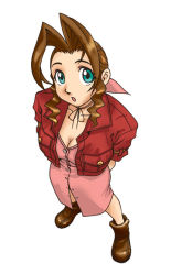 Rule 34 | 00s, 1girl, 2000s (style), aerith gainsborough, antenna hair, aqua eyes, arms behind back, boots, breasts, choker, cleavage, cropped jacket, dress, final fantasy, final fantasy vii, from above, full body, hair ribbon, jacket, jewelry, keith (keith&#039;s workshop), medium breasts, necklace, open mouth, parted bangs, perspective, pink dress, pink ribbon, red jacket, ribbon, sidelocks, solo, unbuttoned dress, wavy hair, white background