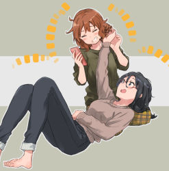 Rule 34 | 2girls, amano shin, barefoot, black hair, blue eyes, blue pants, blush, brown hair, brown sweater, closed eyes, denim, glasses, green shirt, hand in another&#039;s hair, hand up, hands up, hibike! euphonium, highres, holding, holding phone, jeans, long hair, long sleeves, looking at another, lying, multiple girls, on back, open mouth, oumae kumiko, pants, parted lips, phone, red-framed eyewear, shirt, short hair, sitting, smile, sweater, tanaka asuka