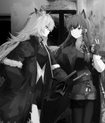 Rule 34 | 2girls, animal ear fluff, animal ears, arknights, breasts, collared shirt, commentary, fingerless gloves, food in mouth, gloves, greyscale, hair between eyes, hand in pocket, hand up, holding, holding sword, holding weapon, jacket, jacket on shoulders, lappland (arknights), lappland (refined horrormare) (arknights), long hair, long sleeves, medium breasts, monochrome, mouth hold, multiple girls, open clothes, open jacket, pantyhose, pantyhose under shorts, profile, runamonet, shirt, short shorts, shorts, sword, texas (arknights), texas the omertosa (arknights), very long hair, vest, weapon