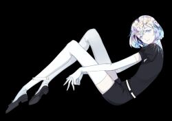 1other androgynous belt black_background black_footwear black_jacket black_shorts chinese_commentary commentary_request crystal_hair diamond_(houseki_no_kuni) elbow_gloves from_side gem_uniform_(houseki_no_kuni) gloves grey_eyes houseki_no_kuni jacket knees_up looking_at_viewer looking_to_the_side multicolored_eyes multicolored_hair necktie other_focus puffy_short_sleeves puffy_sleeves rainbow_eyes rainbow_hair sanmen shards shirt shoes short_hair short_shorts short_sleeves shorts simple_background smile solo sparkle thighhighs white_gloves white_hair white_thighhighs