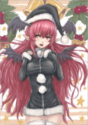 Rule 34 | 1girl, alternate costume, bell, demon wings, female focus, hat, koakuma, long hair, long sleeves, open mouth, panzer (p.z), pointy ears, red eyes, red hair, santa hat, solo, star (symbol), sweater, thighhighs, touhou, wings