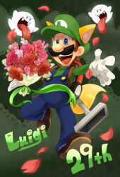 Rule 34 | 1boy, :d, anniversary, blue eyes, blue overalls, blue pants, boo (mario), bouquet, brown footwear, brown hair, buttons, character name, commentary request, facial hair, fangs, flower, full body, ghost, gloves, green background, green headwear, green shirt, hat, highres, holding, holding bouquet, kinashi, long sleeves, looking at viewer, luigi, luigi&#039;s mansion, male focus, mario (series), mustache, nintendo, open mouth, outstretched arms, overalls, pants, petals, pink flower, pink rose, poltergust 3000, red flower, red rose, rose, shirt, shoes, short hair, simple background, smile, spread arms, teeth, tongue, tongue out, vacuum cleaner, white gloves