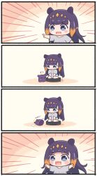 Rule 34 | 1girl, 4koma, :3, :d, absurdres, arms up, black eyes, black hair, blunt bangs, blush, blush stickers, chibi, comic, commentary, emphasis lines, english commentary, fang, grey shirt, hairband, halo, highres, hololive, hololive english, long hair, mpien, multicolored hair, ninomae ina&#039;nis, open mouth, orange hair, orange hairband, pointing, pointy ears, robotic vacuum cleaner, shirt, short sleeves, sidelocks, simple background, smile, t-shirt, takodachi (ninomae ina&#039;nis), tentacle hair, v-shaped eyebrows, virtual youtuber, yellow background