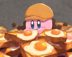 blue_eyes blush_stickers braid bread brown_hat colored_skin commentary eating egg_(food) food hat kirby kirby_(series) miclot nintendo no_humans pink_skin symbol-only_commentary too_much_food twin_braids