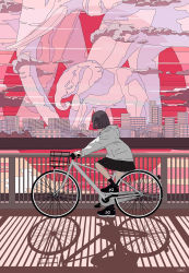 Rule 34 | 1girl, animal, bicycle, black skirt, bridge, brown hair, building, cityscape, cloud, commentary request, elephant, from side, highres, hood, hood down, hoodie, looking to the side, original, oversized animal, pleated skirt, railing, red theme, scenery, seraphitalg, shadow, shoes, short hair, skirt, skyline, sneakers, solo