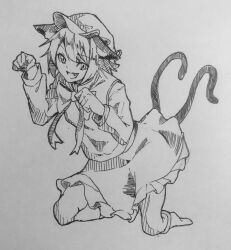 Rule 34 | 1girl, :d, animal ears, cat ears, cat girl, cat tail, chen, clenched hands, commentary, fang, full body, greyscale, hat, highres, kanaria (bocmn), kneeling, long sleeves, mob cap, monochrome, multiple tails, nekomata, one-hour drawing challenge, open mouth, paw pose, short hair, simple background, sketch, skirt, smile, socks, solo, tail, touhou, traditional media, two tails