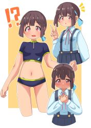 Rule 34 | !?, 1girl, absurdres, bare arms, black skirt, blue hair, breasts, brown hair, commentary, cropped legs, cropped torso, crying, crying with eyes open, groin, hands on own chest, highres, hozuki momiji, long sleeves, looking at viewer, midriff, mori tarou, multicolored hair, multiple views, navel, notice lines, onii-chan wa oshimai!, open mouth, outline, pleated skirt, red eyes, school uniform, shirt, short hair, short ponytail, simple background, skirt, small breasts, suspender skirt, suspenders, swimsuit, tears, two-tone hair, v, white outline, white shirt, yellow background