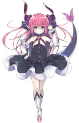 Rule 34 | 10s, 1girl, arm up, asymmetrical horns, bad id, bad pixiv id, black dress, black ribbon, blue eyes, blush, boots, breasts, cer (cerber), closed mouth, curled horns, detached sleeves, dragon girl, dragon horns, dragon tail, dress, elizabeth bathory (fate), elizabeth bathory (fate/extra ccc), elizabeth bathory (first ascension) (fate), fate/extra, fate/extra ccc, fate (series), full body, hair between eyes, hair ribbon, horns, knee boots, long hair, long sleeves, pink hair, pointy ears, ribbon, simple background, small breasts, smile, solo, standing, tail, two side up, uneven horns, very long hair, white background, white footwear