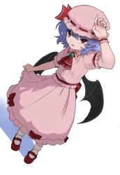 Rule 34 | 1girl, arm at side, arm up, ascot, back bow, bat wings, blue hair, bow, commentary request, dutch angle, flower, frilled shirt collar, frilled wrist cuffs, frills, frown, full body, hair between eyes, hat, hat ribbon, highres, light blush, looking at viewer, mary janes, mob cap, open mouth, pink hat, pink shirt, pink skirt, pink wrist cuffs, puffy short sleeves, puffy sleeves, red ascot, red bow, red eyes, red flower, red ribbon, remilia scarlet, ribbon, shirt, shoes, short hair, short sleeves, simple background, skirt, skirt hold, socks, solo, standing, touhou, tsurime, v-shaped eyebrows, white background, white socks, wings, wrist cuffs, xantam0129