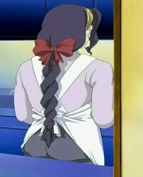 Rule 34 | 00s, 2001, apron, ass, gibo, mature female, misako yagami, pale skin, ponytail, purple hair, red ribbon, ribbon, stepmother&#039;s sin, stitched, sweater, tagme, third-party edit