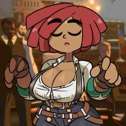 Rule 34 | 1girl, 20s, 3boys, animated, animated gif, bouncing breasts, breasts, bursting breasts, cleavage, curvy, dark-skinned male, dark skin, giovanna (guilty gear), guilty gear, highres, jellot, large breasts, looping animation, multiple boys, red hair, shiny skin, tagme, third-party edit, wide hips