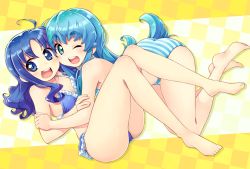 Rule 34 | 10s, 2girls, :o, ;o, ahoge, all fours, aqua eyes, aqua hair, arm grab, ass, bare legs, bare shoulders, barefoot, bikini, blue bikini, blue eyes, blue hair, blush, checkered background, color connection, feet, female focus, frilled bikini, frilled swimsuit, frills, girl on top, happinesscharge precure!, happy, heartcatch precure!, highres, hug, kurumi erika, laughing, legs, light blue hair, long hair, lying, midriff, multiple girls, on back, one eye closed, open mouth, precure, satogo, shirayuki hime, smile, striped bikini, striped clothes, swimsuit, wink, yellow background, yuri