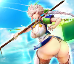 Rule 34 | 10s, 1girl, ass, braid, braided ponytail, breasts, cleavage, cleavage cutout, clothing cutout, cloud print, crop top, curvy, dearmybrothers, from behind, g-string, highres, huge ass, huge breasts, kantai collection, long hair, looking at viewer, looking back, midriff, open mouth, panties, red eyes, short sleeves, silver hair, single braid, smile, solo, thighhighs, thighs, thong, underwear, unryuu (kancolle), very long hair, wide hips, yellow eyes