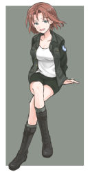 Rule 34 | 1girl, arm support, azumi (girls und panzer), black footwear, black jacket, black skirt, blue eyes, boots, brown hair, commentary, cross-laced footwear, crossed legs, emblem, full body, girls und panzer, grey background, grey socks, half-closed eyes, head tilt, invisible chair, jacket, lace-up boots, light smile, long sleeves, looking at viewer, military, military uniform, miniskirt, mutsu (layergreen), open clothes, open jacket, open mouth, outside border, pencil skirt, selection university (emblem), selection university military uniform, shirt, short hair, sitting, skirt, socks, solo, uniform, white shirt, wind
