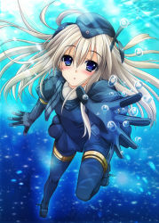 Rule 34 | 10s, 1girl, aoi hiro, blue eyes, derivative work, jacket, kantai collection, long hair, looking at viewer, md5 mismatch, parted lips, reaching, resolution mismatch, silver hair, solo, source smaller, submerged, u-511 (kancolle), underwater